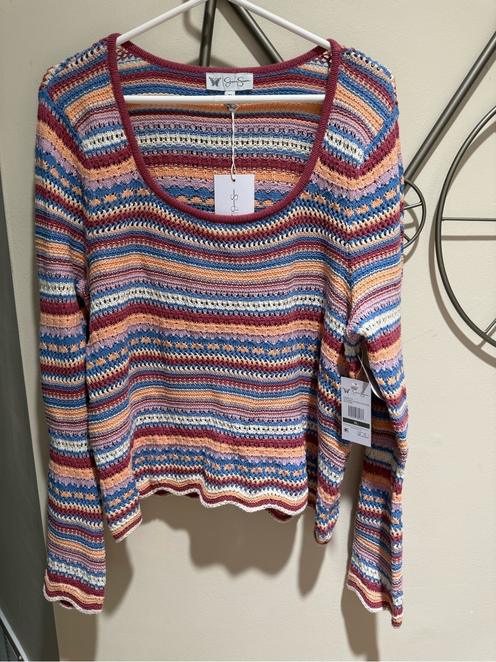 Jessica Simpson Multicolor Striped Crochet Knit Top Size XL 100% Cotton NWT